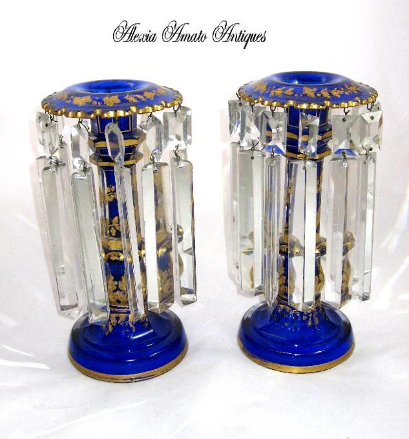 Pair of Blue Antique Bohemian Glass Lustres