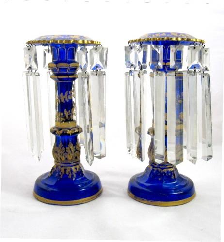 Pair of Blue Antique Bohemian Glass Lustres