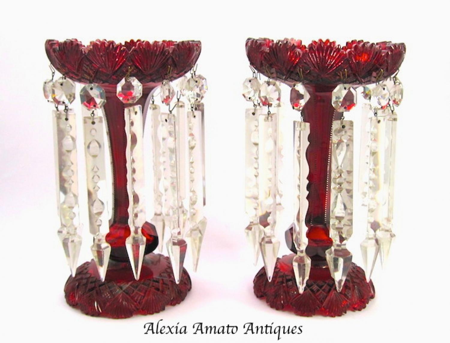Pair Red Antique Bohemian Cut Glass Lustres