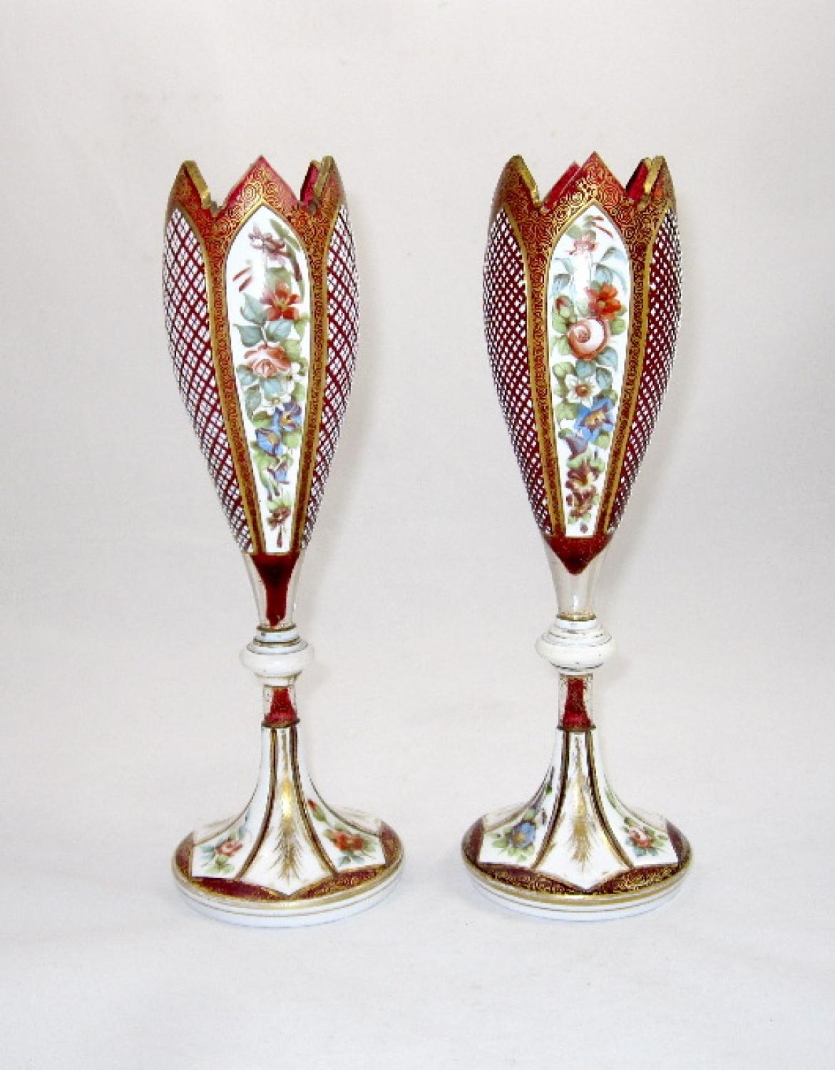 Pair of Bohemian Red Overlay Glass Vases
