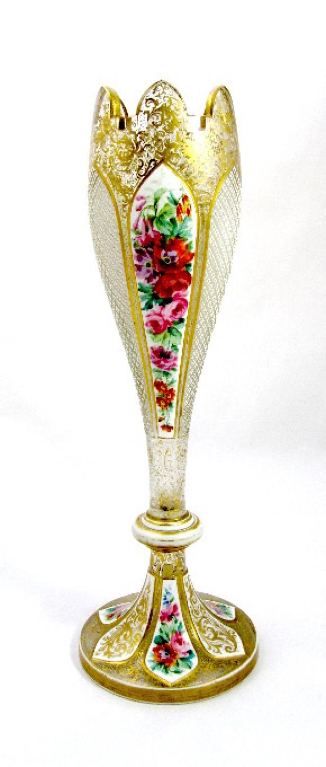 Tall Bohemian Glass White Overlay Vase