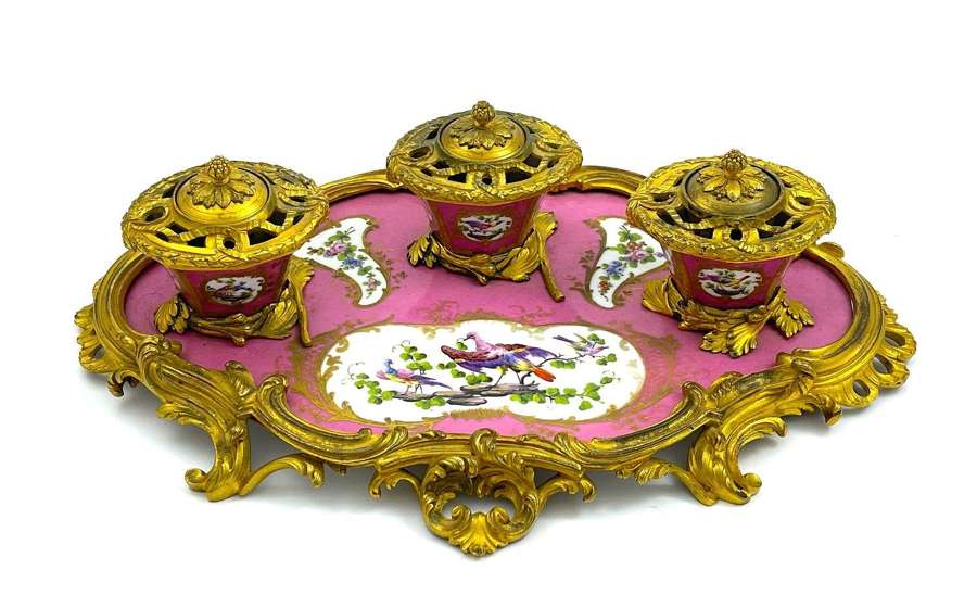 Fine Antique French Sevres Dore Bronze and Porcelain Inkstand.