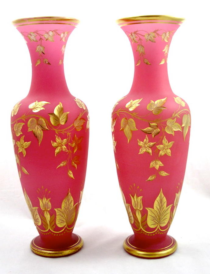 Antique Pair Pink Opaline Glass Vases