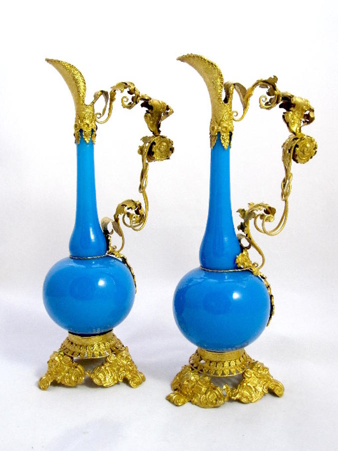 Pair of French Blue Opaline Glass Ewers