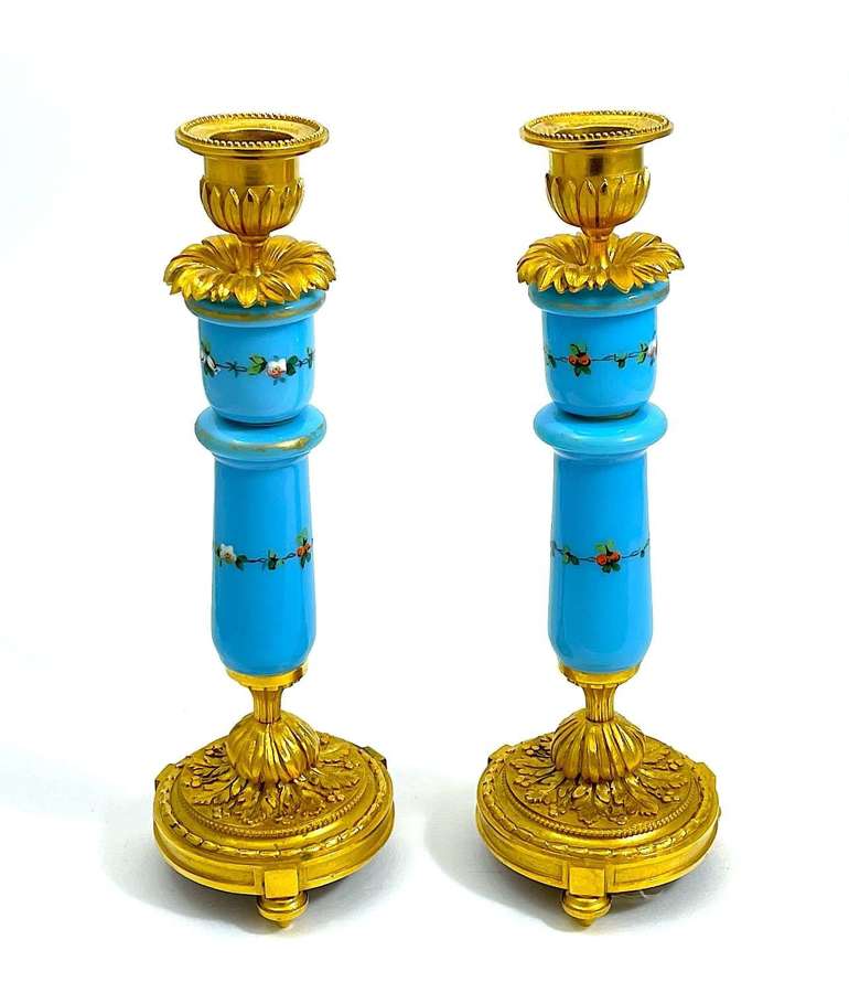 Pair of Antique French Blue Opaline Glass Candlesticks