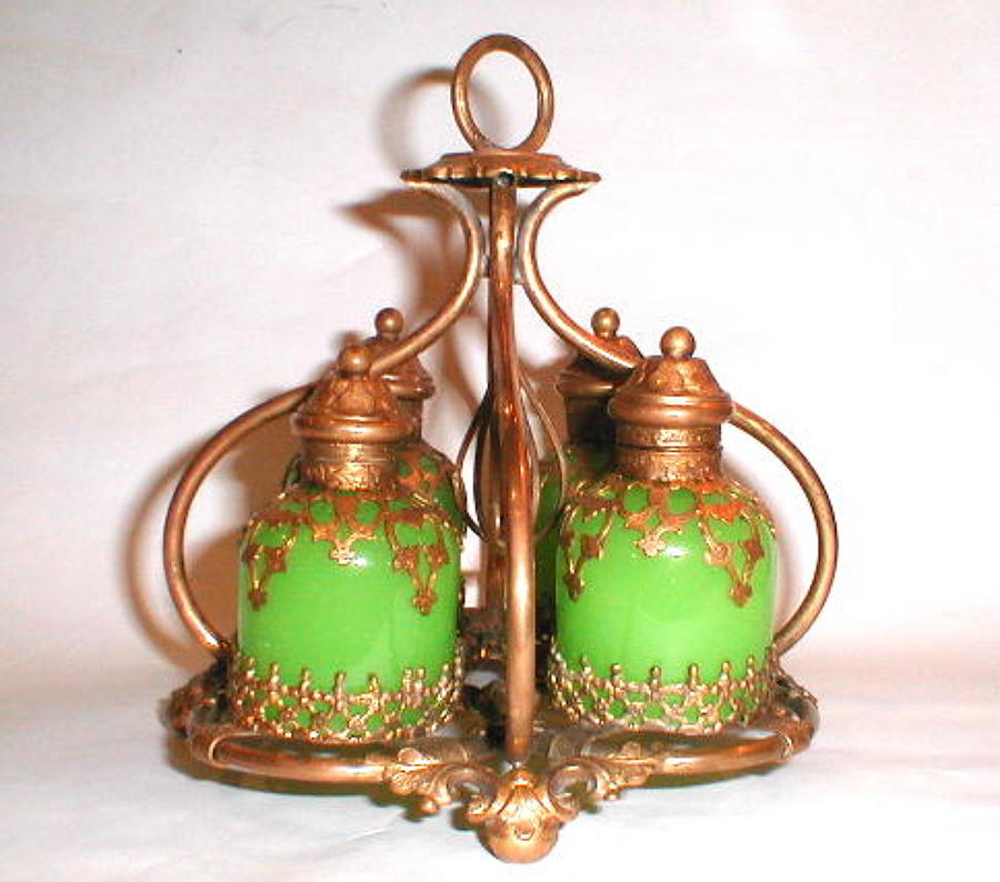 A French Green Opaline Glass Perfume Set.