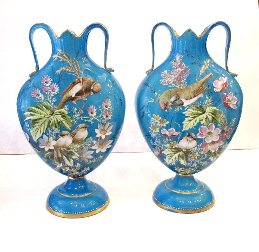Pair of Antique Bird Opaline Glass Vase