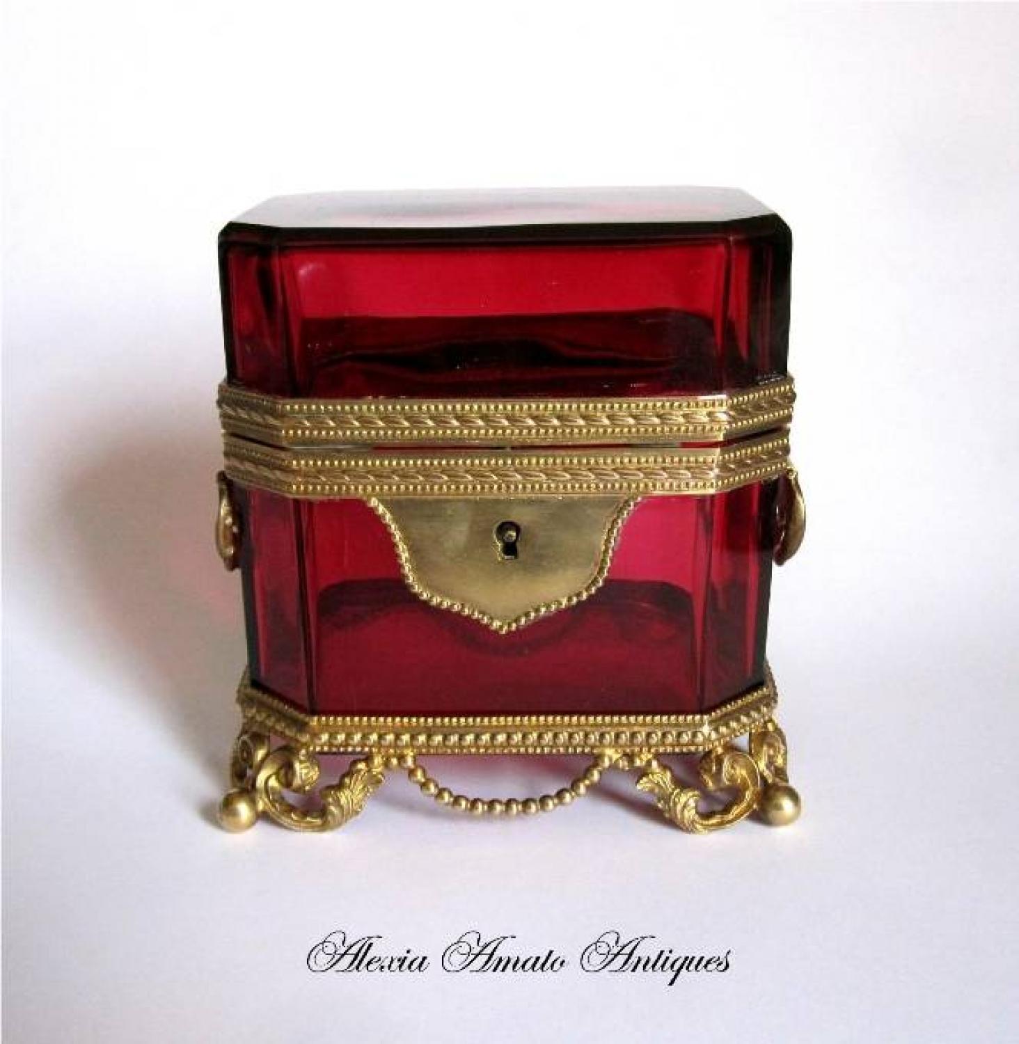 Antique French Ruby Red Glass Casket