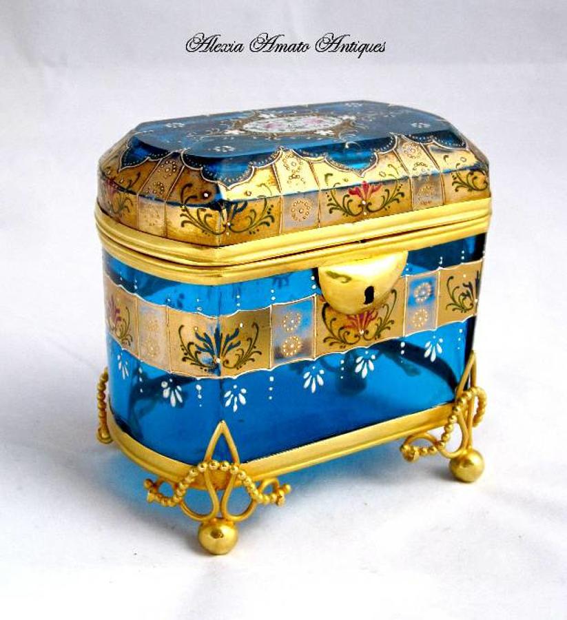 Antique Turquoise Moser Glass Casket
