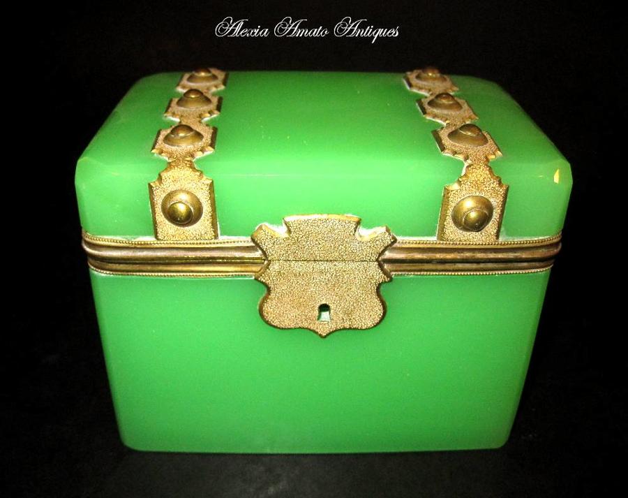 French 19th C Green Opaline Glass Casket
