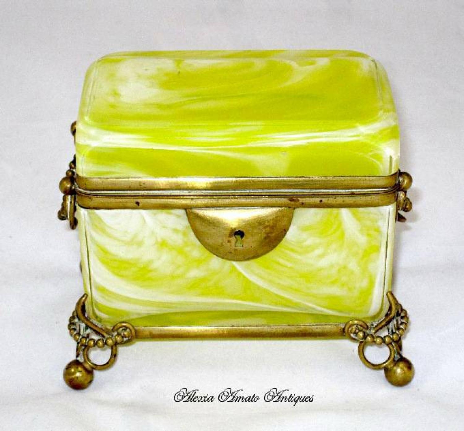 Antique French Yellow Opaline Glass Casket