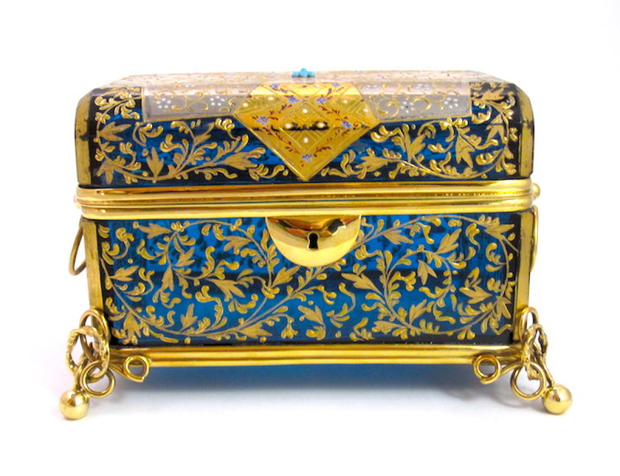 Large Antique Bohemian Turquoise Glass Casket
