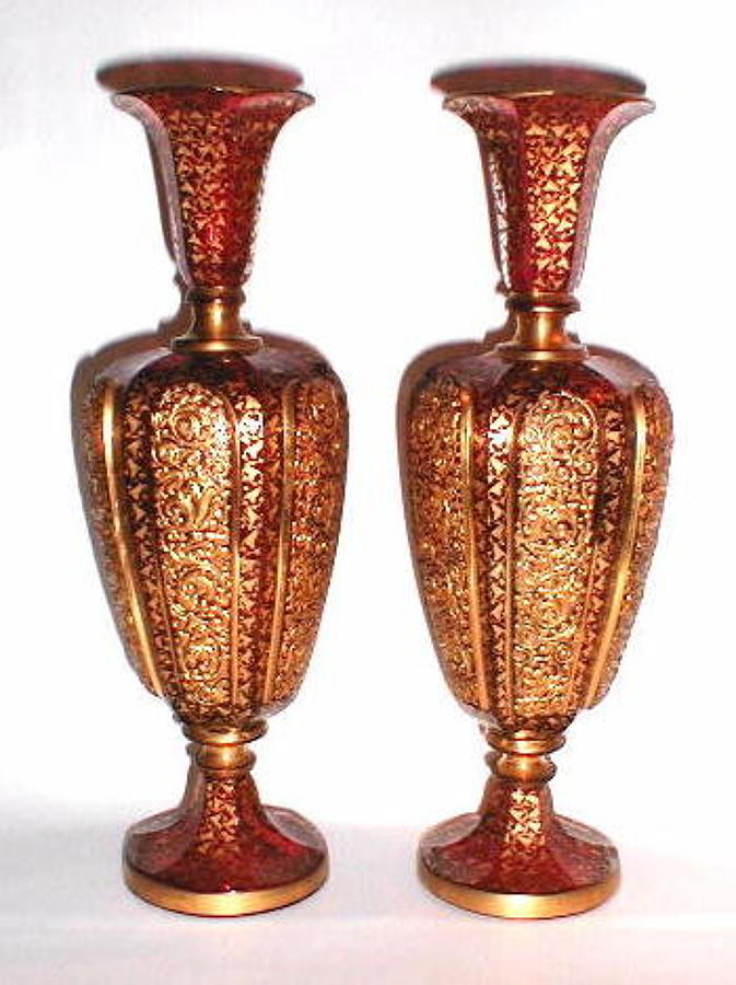 Pair Bohemian 19th Century Enamelled Vases