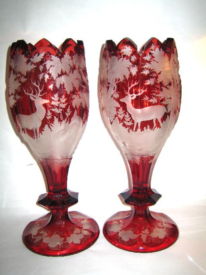 A Pair of Bohmian Ruby Red Deer Vases