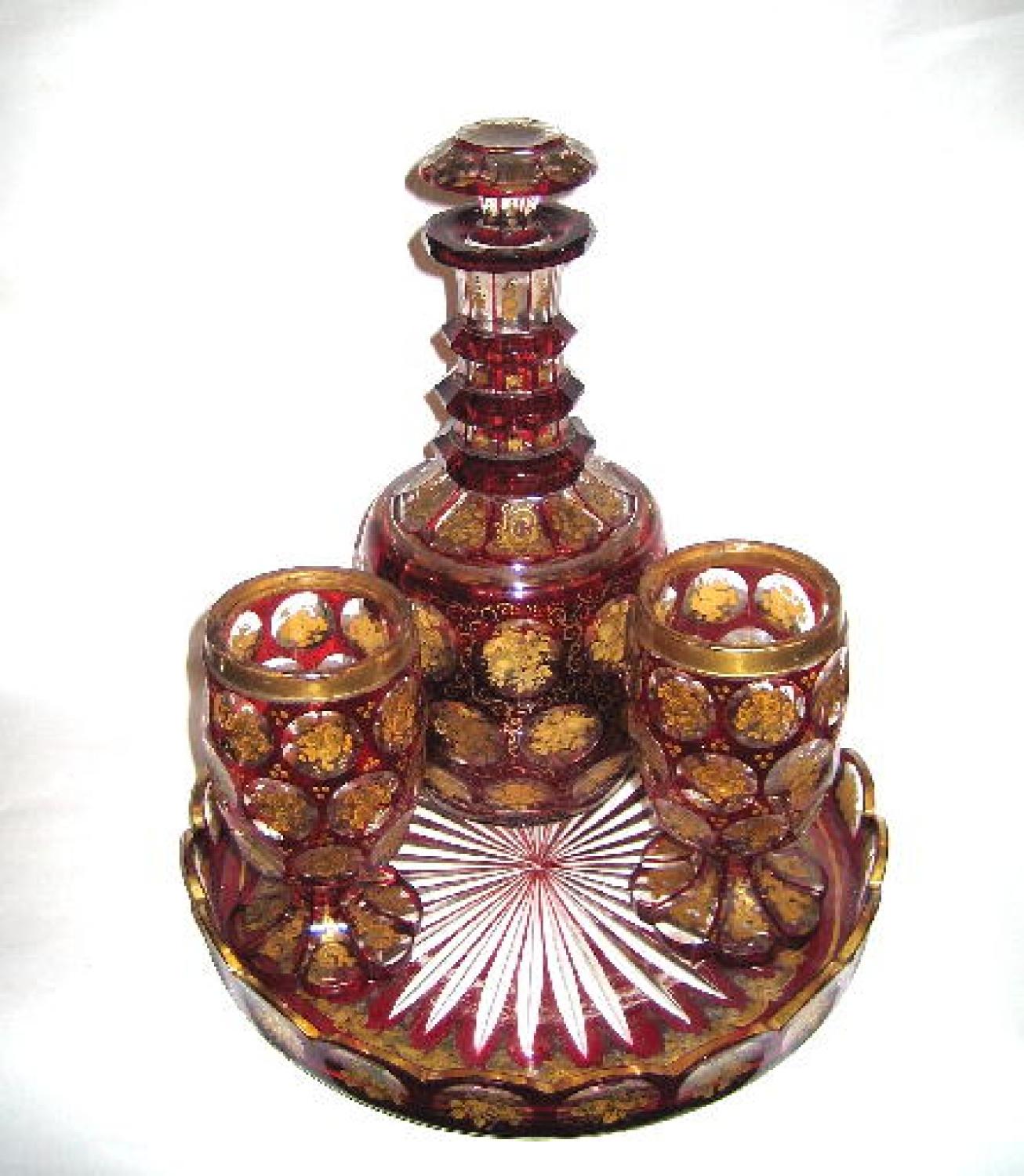 Bohemian 19th Century Red & Gold Decanter Set