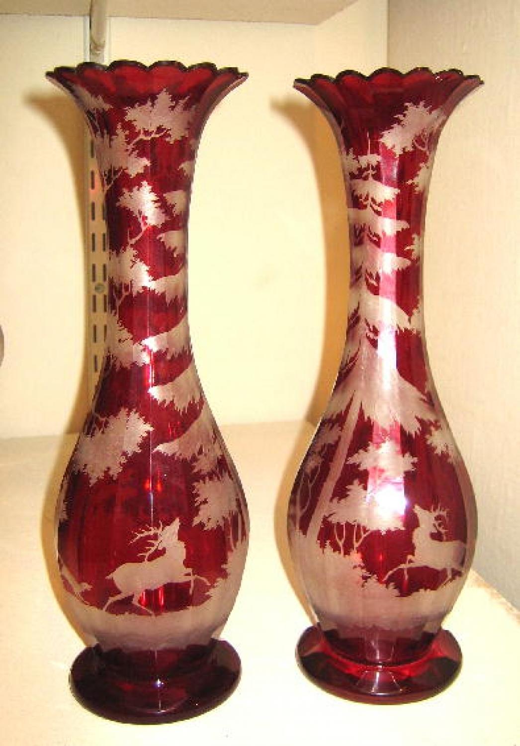 Pair of Bohemian Red Glass Engraved Vase