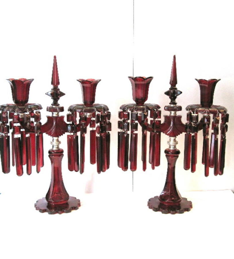 Pair of Bohemian Ruby Red Glass Candelabra