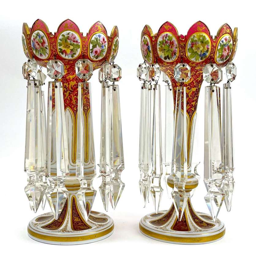 Pair of High Quality Antique Bohemian Red Overlay Glass Lustres