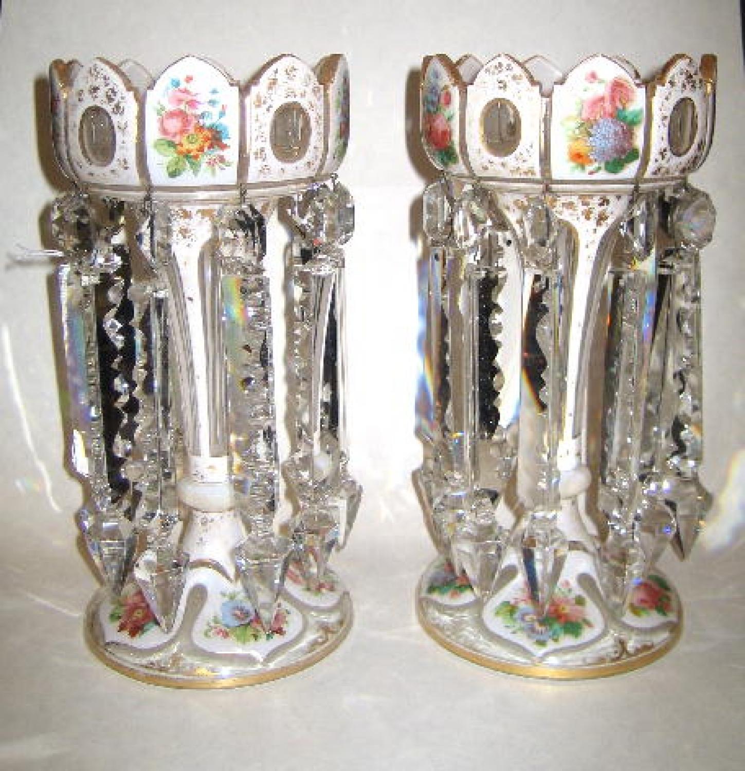 Pair of Bohemian White Overlay Glass Lustres