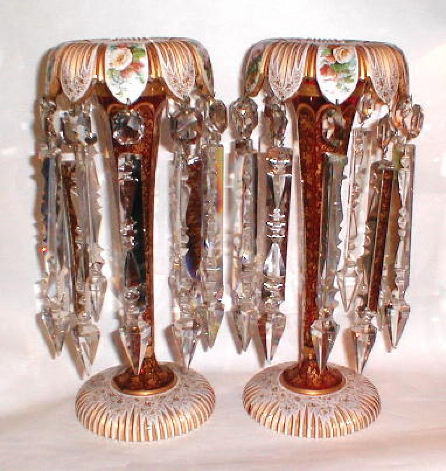 Pair of Bohemian Red Overlay Glass Lustres