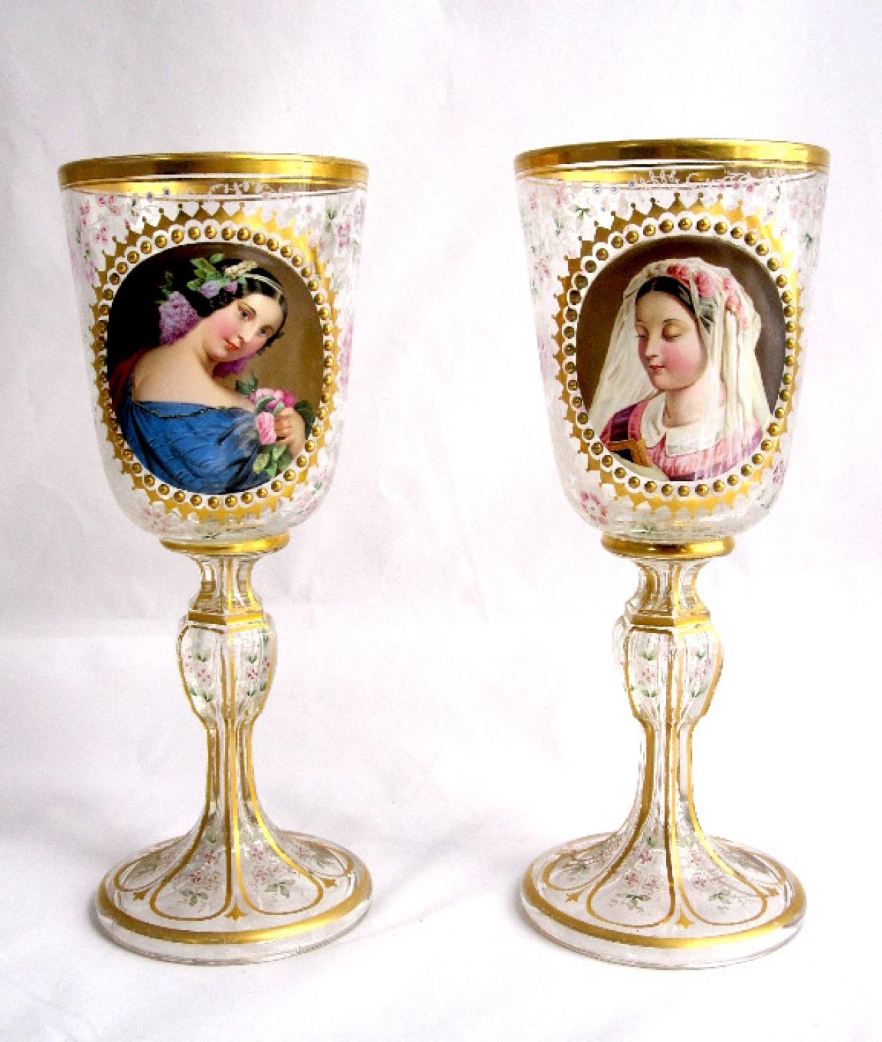 Pair of Bohemian Portrait Overlay Glass Vases
