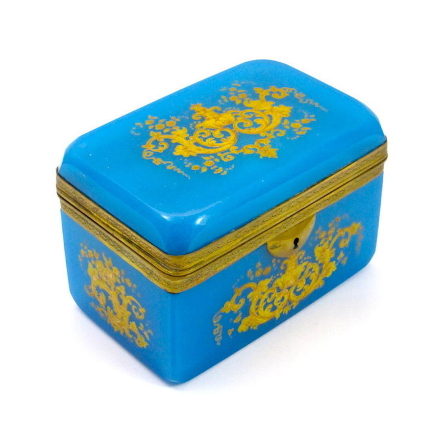 Antique Blue Opaline Enamelled Casket Box