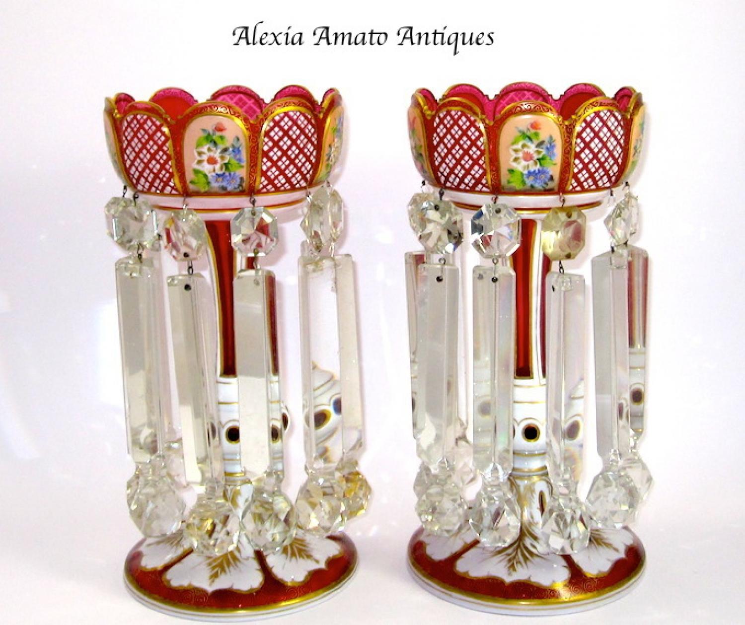 Pair of Antique Bohemian Red Glass Lustres