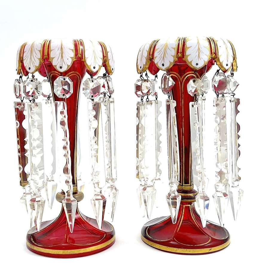 A Pair of Antique Bohemian 'Tulip' Shaped Overlay Glass Lustres