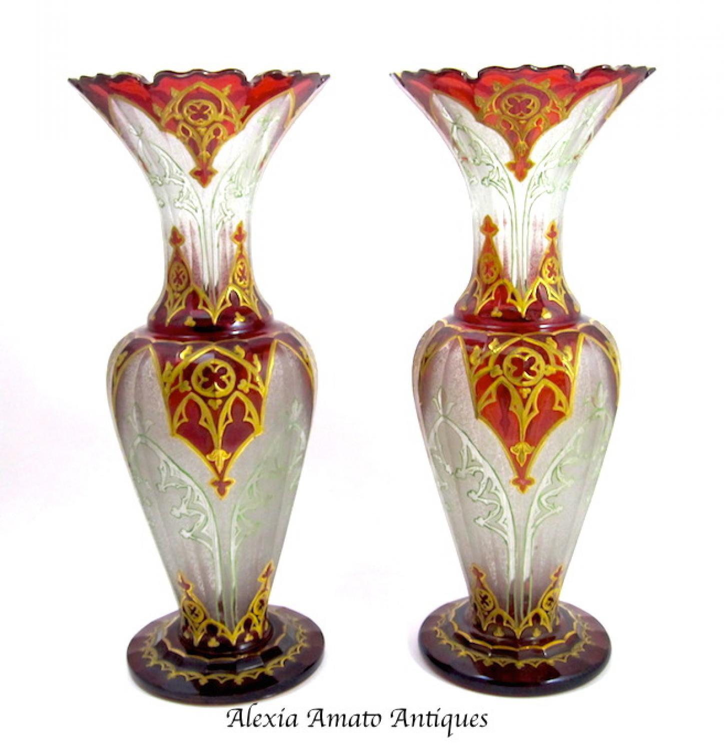 Pair of Antique Bohemian Red Glass Vases