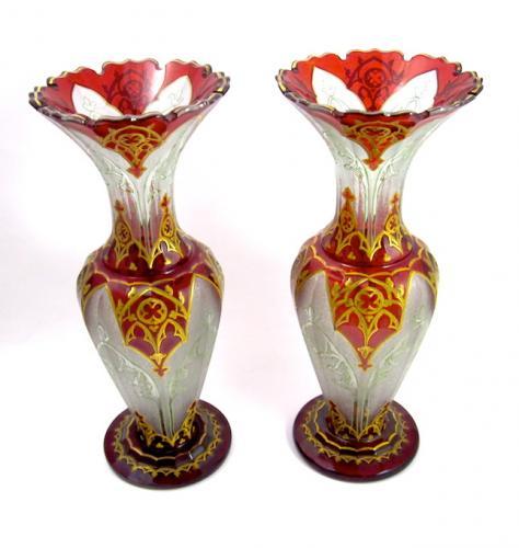 Pair of Antique Bohemian Red Glass Vases