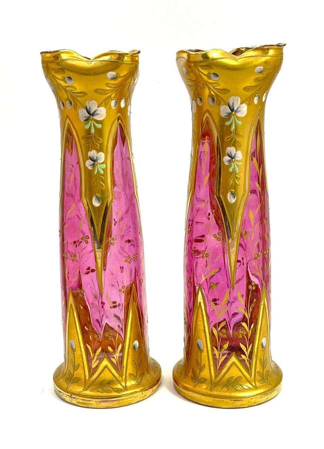 Pair of Antique MOSER Quatrefoil Cranberry Glass Vases
