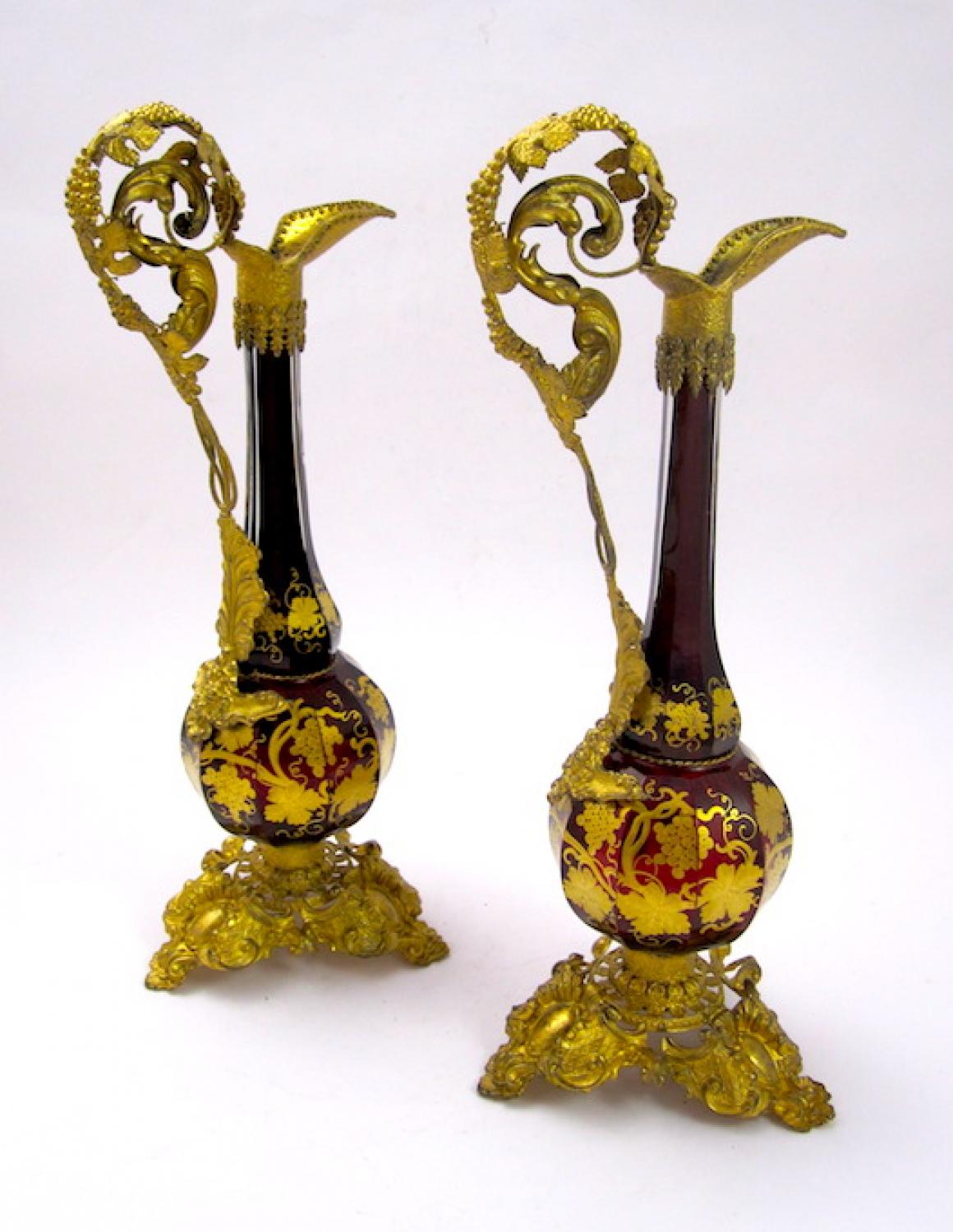 Pair Antique Bohemian Ruby Red Glass Vases