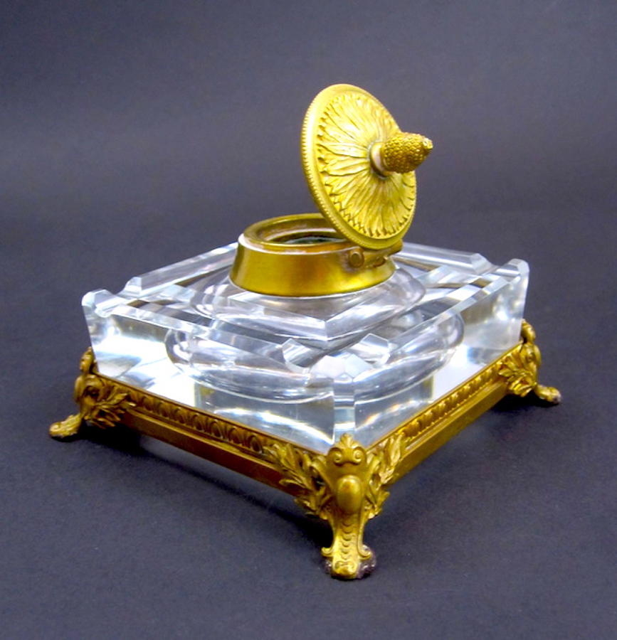 Antique Napoleon III Crystal & Bronze Inkwell
