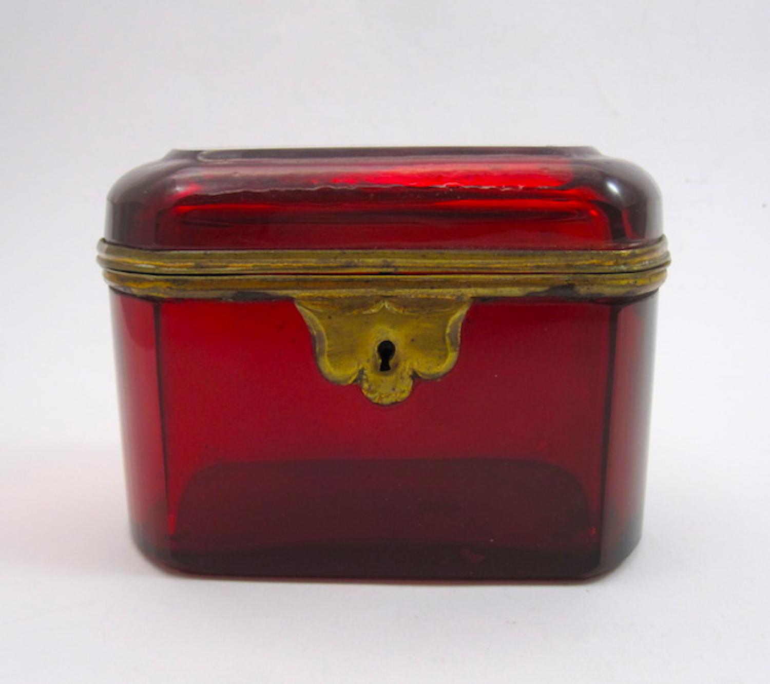 Antique French Ruby Red Glass Casket Box.