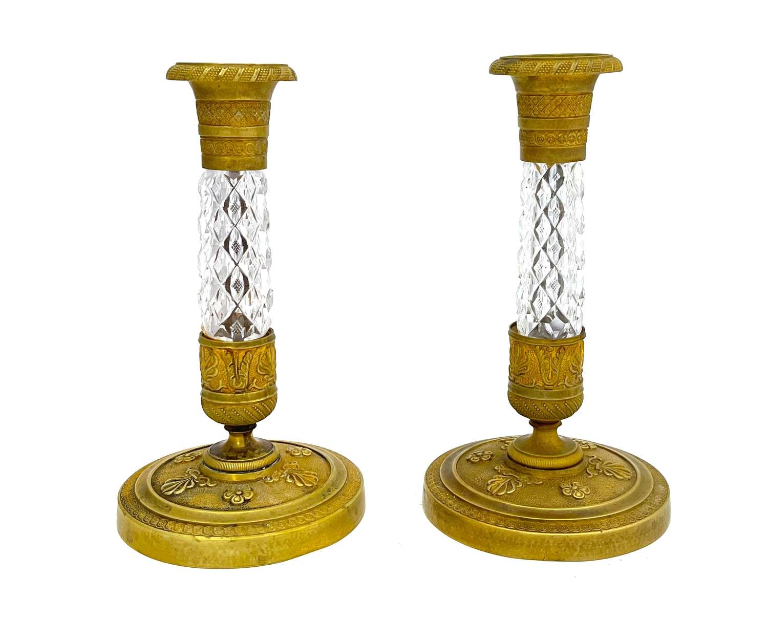 Pair of Antique Napoleon III Crystal & Dore Bronze Candlesticks