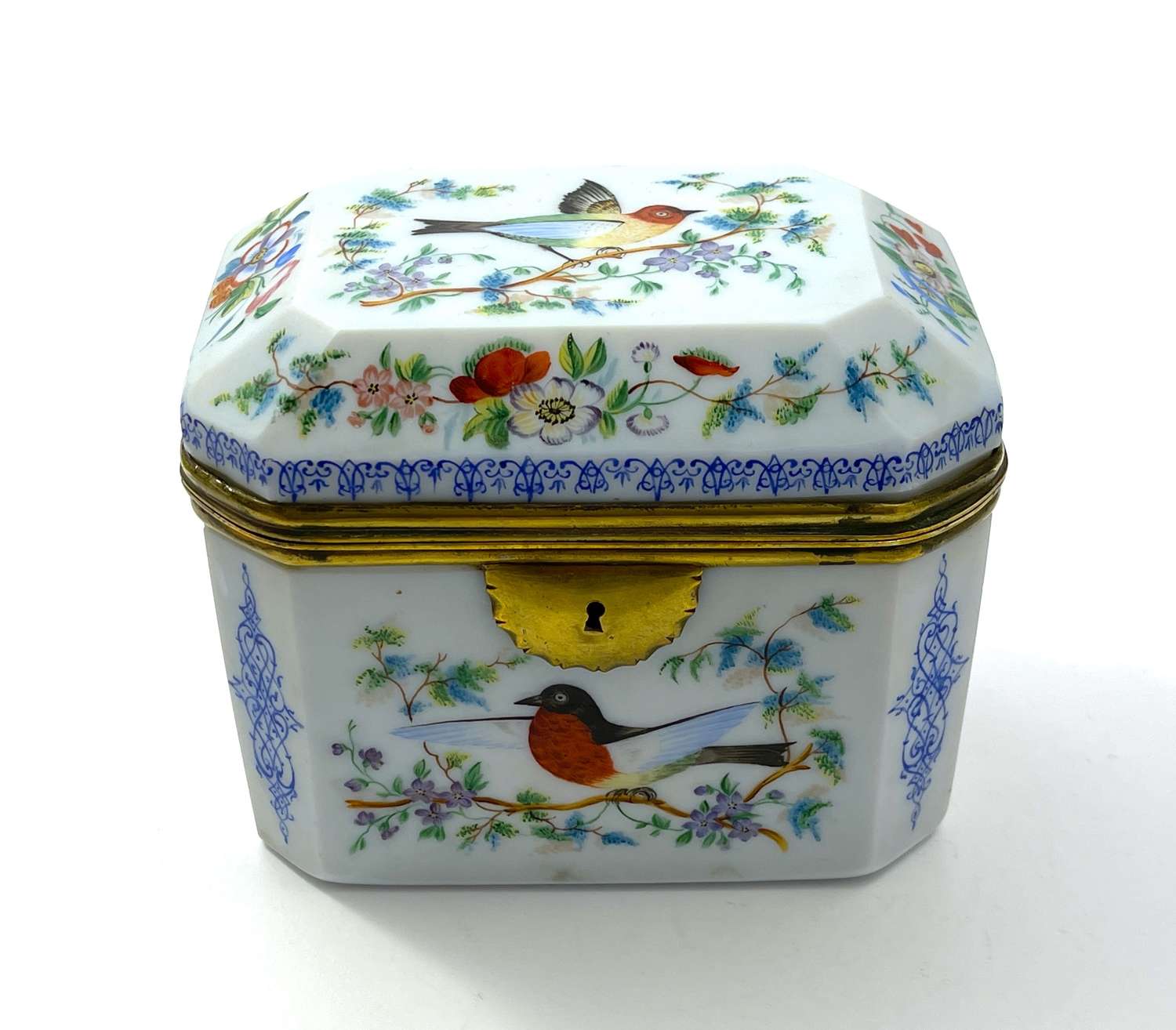 Antique French White Opaline Glass Casket Box Enamelled with Birds