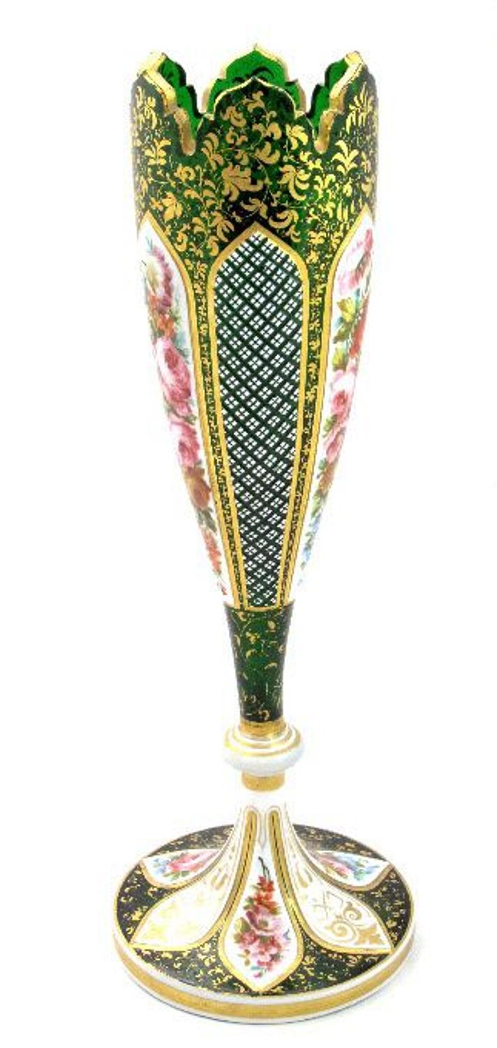 A Tall Antique Bohemian 19th Century Green Overlay Glass Vase