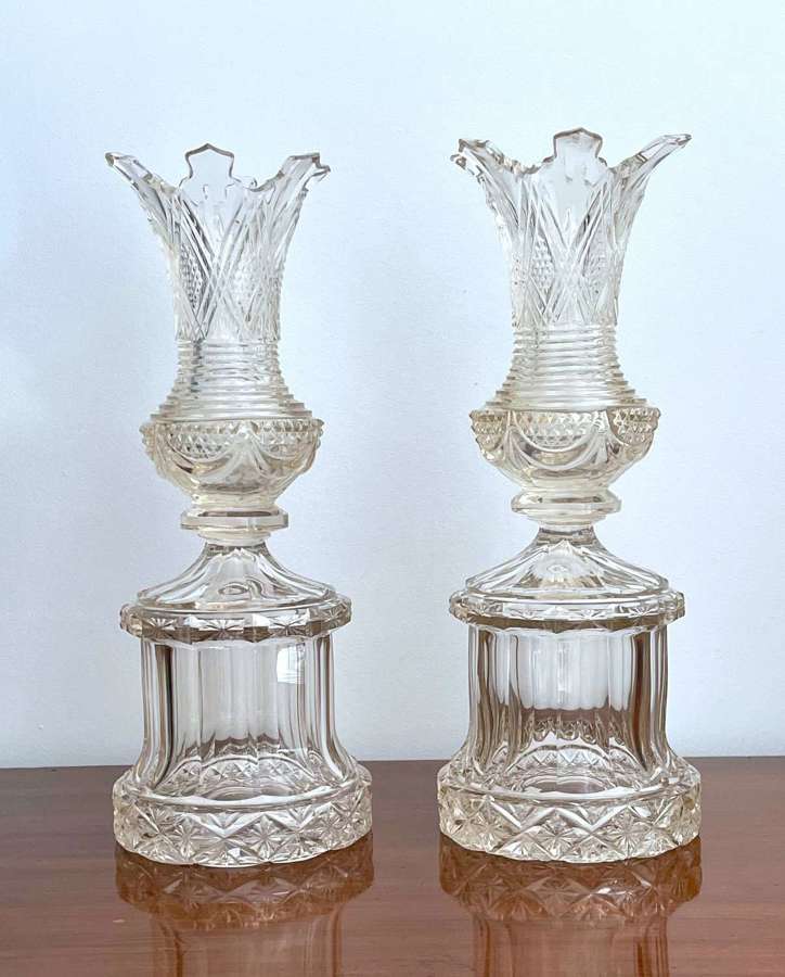 A Pair of Tall Highly Cut Antique Crystal Bohemian Vases