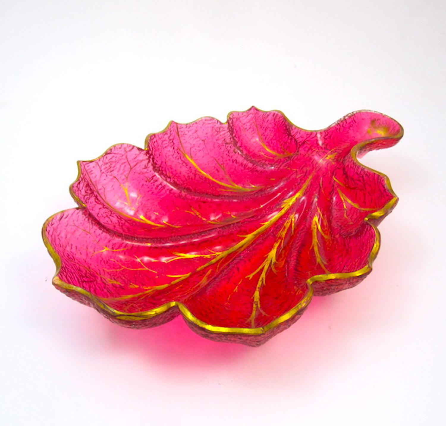 Large Antique French Cranberry Glass Leaf Dish