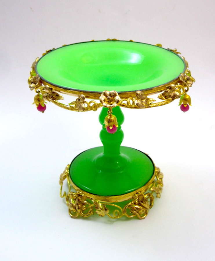 Antique French Palais Royal Green Opaline Glass Tazza Bowl