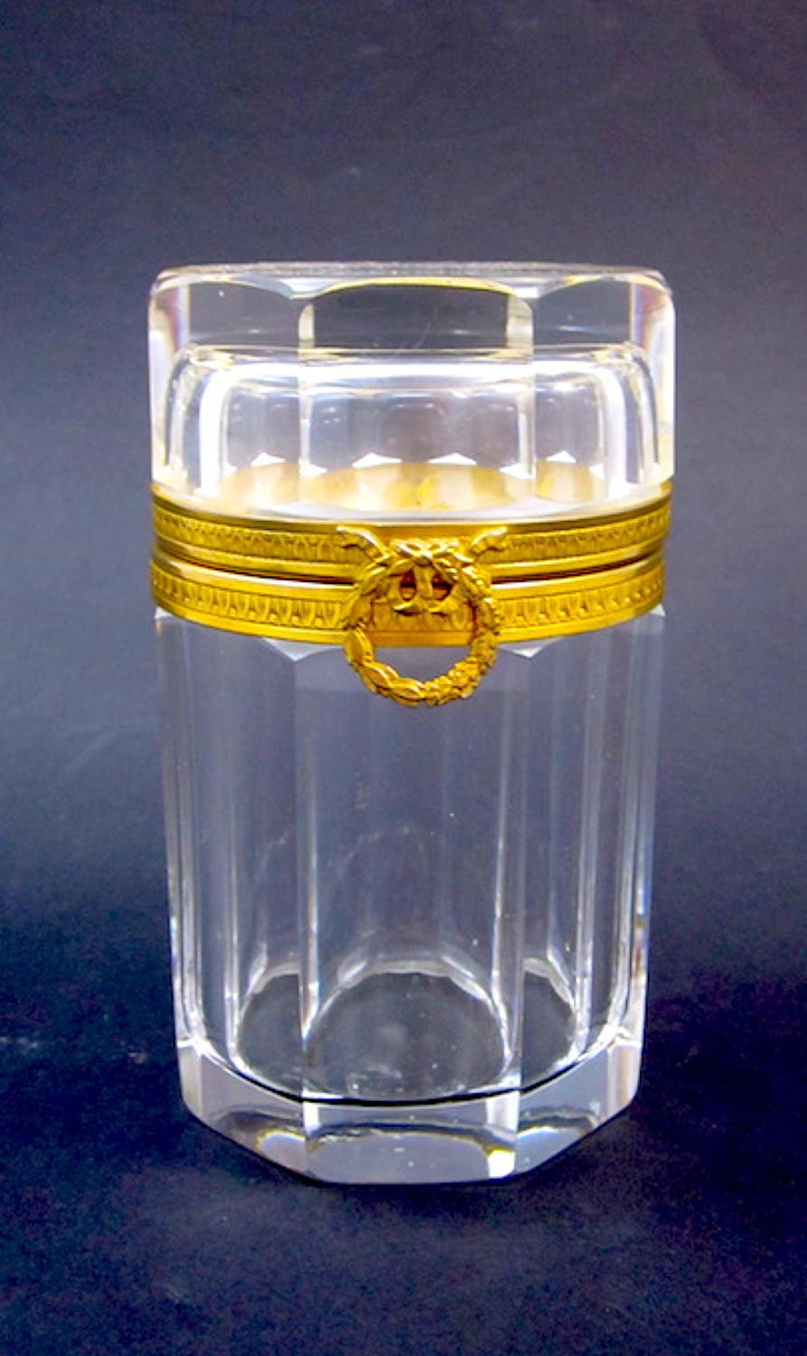 An Antique Tall Cylindrical Bevelled Cut Glass Casket with Bow Clasp.