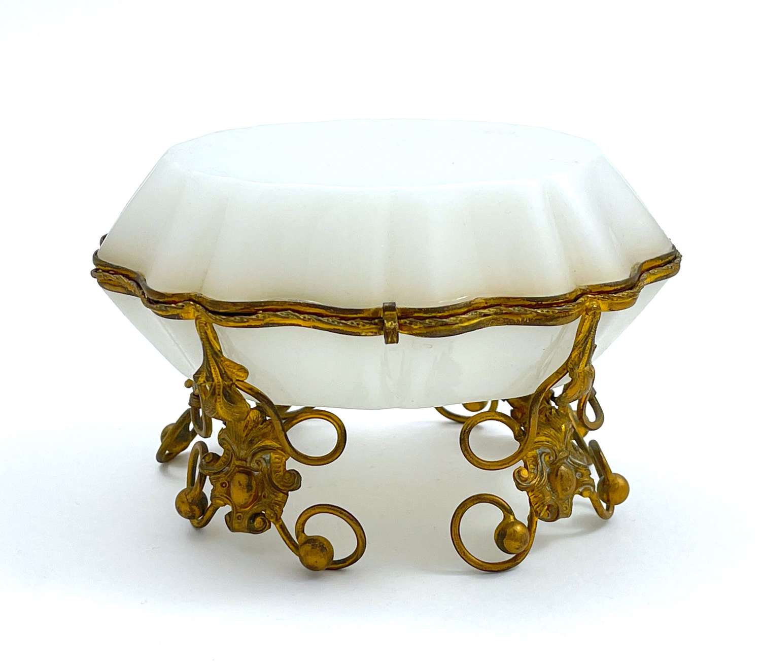 Antique French White Opaline Glass Scallop Shaped Casket Box