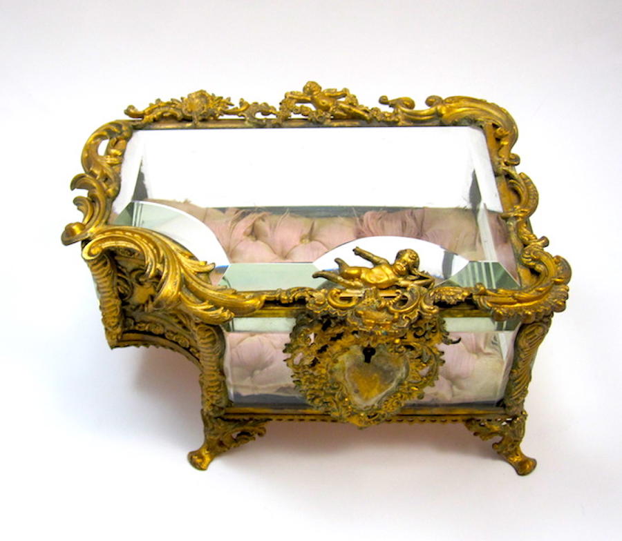 Antique French Dore Bronze & Crystal Casket Box