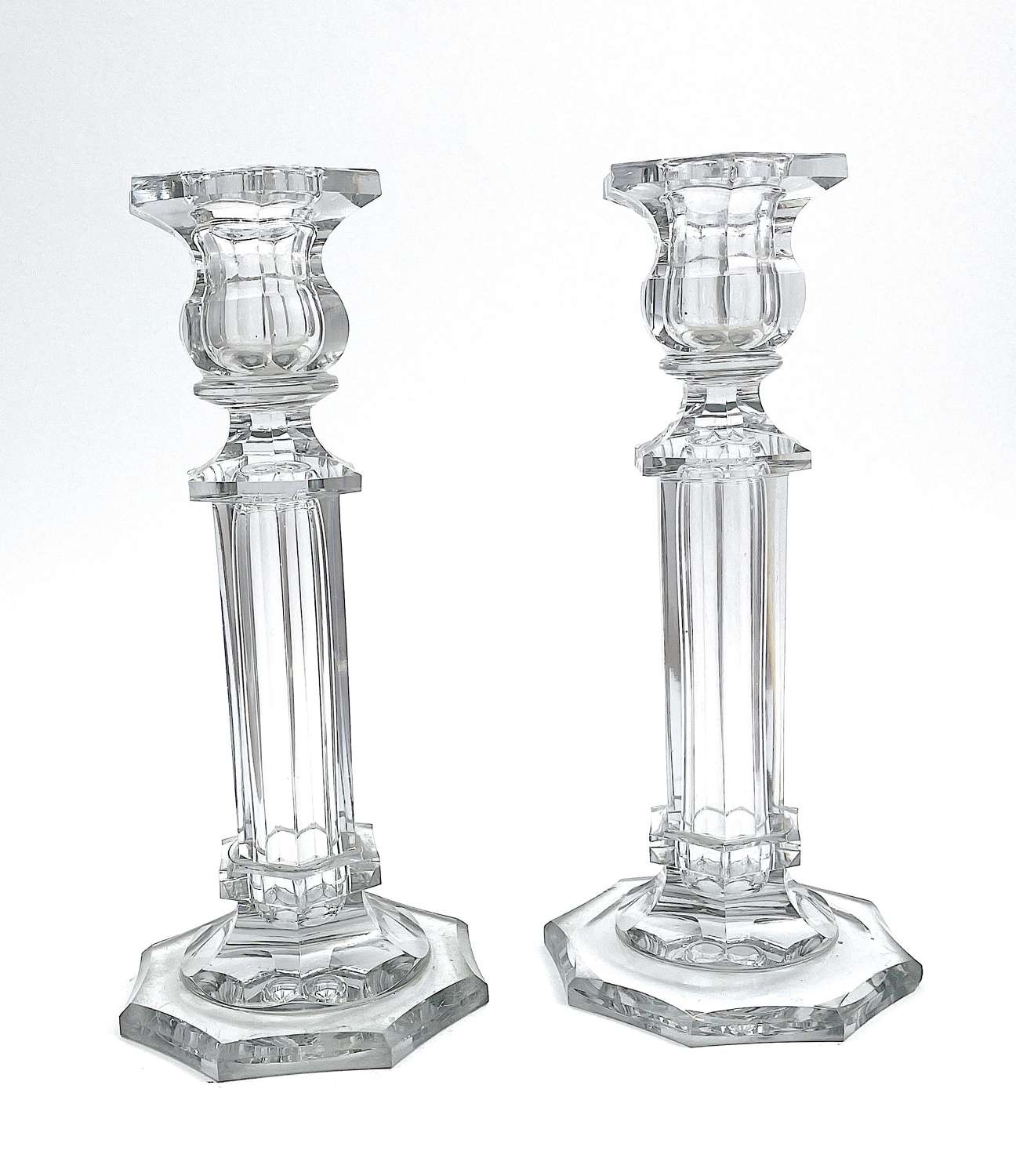 Pair of Antique French Crystal Column Candlesticks
