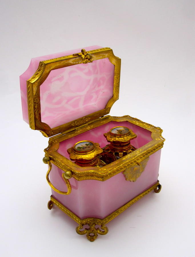 Rare Antique French Pink Opaline Glass Perfume Casket