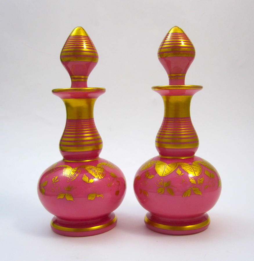 Pair of Antique French Pink Opaline Perfume Bottles