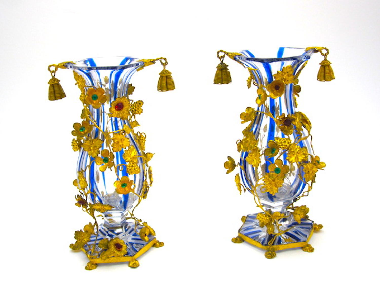 High Quality Antique French Cut Crystal Jewelled Vases