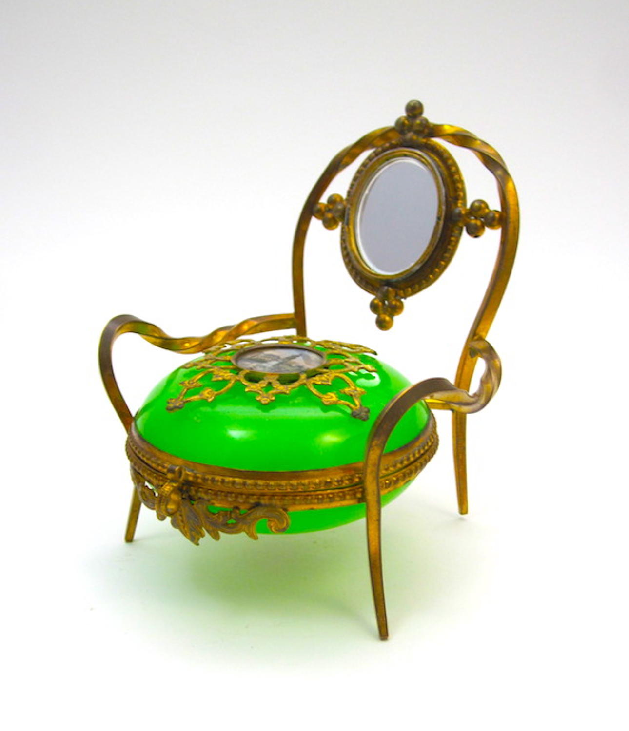 Antique Palais Royal Green Opaline Glass Chair Box