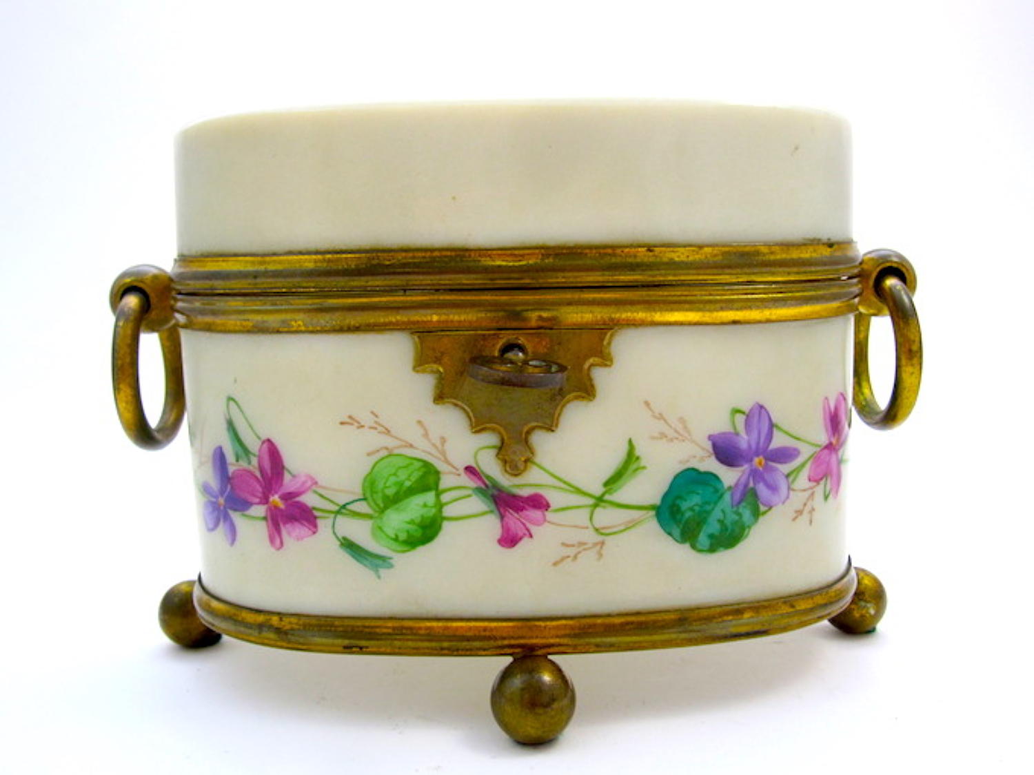 Antique French Opaline Casket Box with Hand Painted Flowers