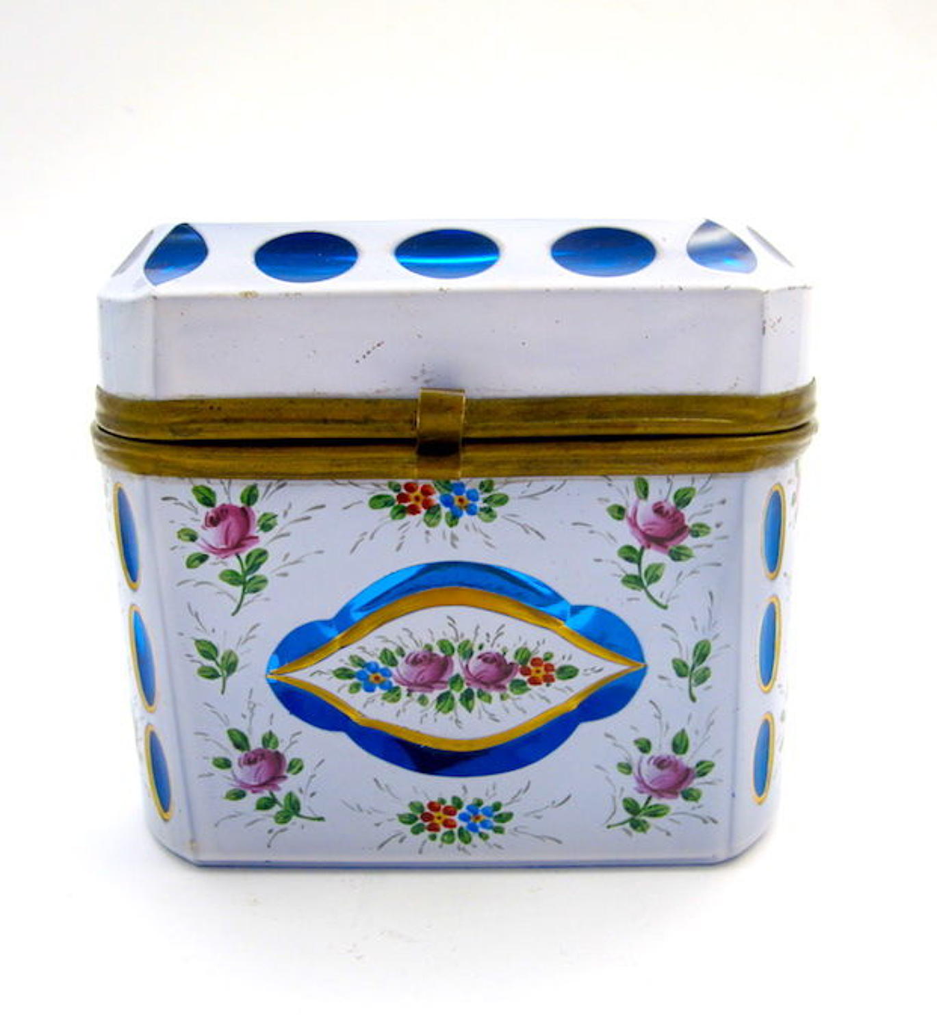 Bohemian Turquoise and White Overlay Casket Box with Hand Painted Flow